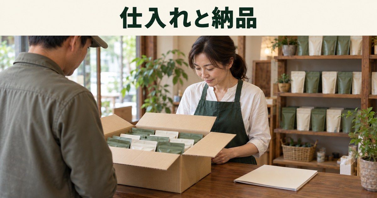 届いた包装済み茶葉と仕入れ記録を確認するイメージ