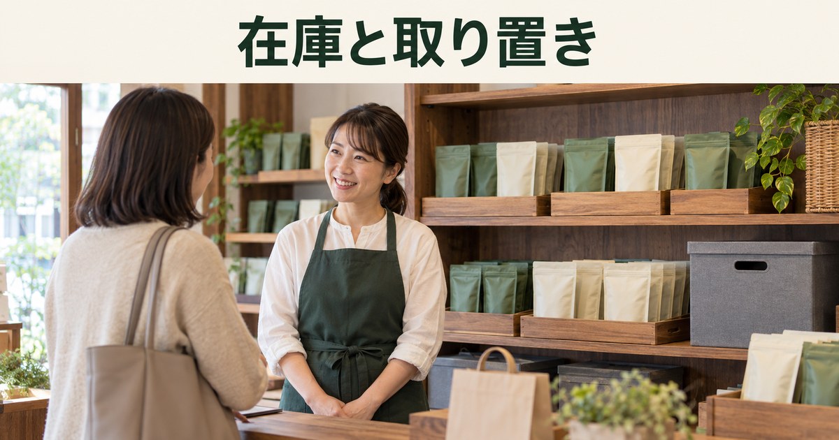 店主が在庫の置き場を分けて確認するイメージ