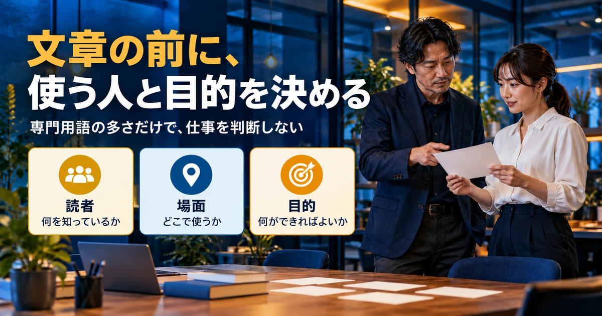 文章の前に、使う人と目的を決める(読者・場面・できること)の説明用生成画像