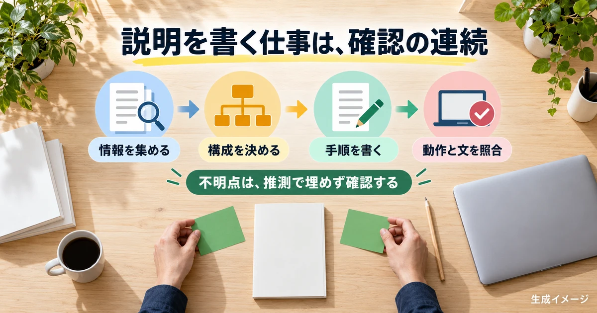 説明を書く仕事は、確認の連続(資料・実物・原稿・確認)の説明用生成画像