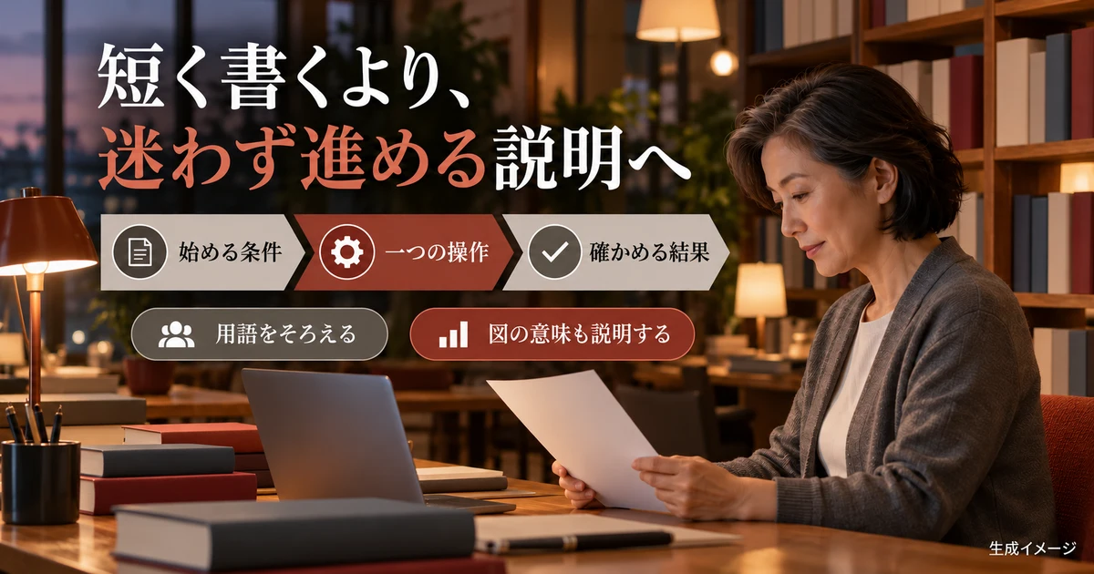 短く書くより、迷わず進める説明へ(条件・操作・結果)の説明用生成画像