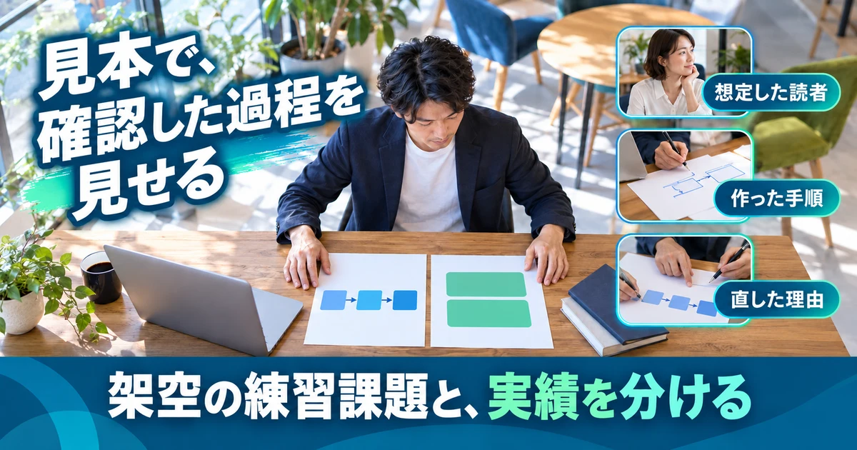 見本で、確認した過程を見せる(課題・手順・改善)の説明用生成画像