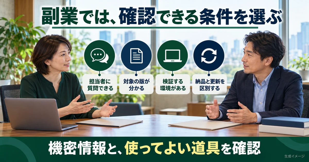 副業では、確認できる条件を選ぶ(接点・環境・納品範囲)の説明用生成画像