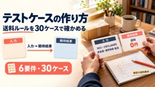 架空の送料ルールをもとに、入力と期待結果を並べて30件のテストケースを設計する作業イメージ