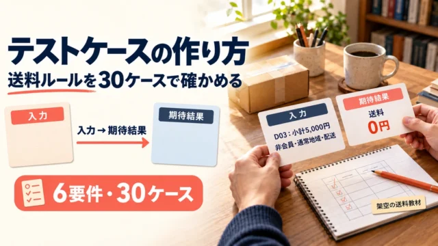 架空の送料ルールをもとに、入力と期待結果を並べて30件のテストケースを設計する作業イメージ