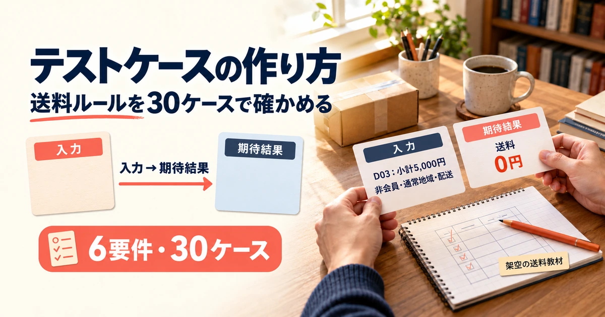 架空の送料ルールをもとに、入力と期待結果を並べて30件のテストケースを設計する作業イメージ
