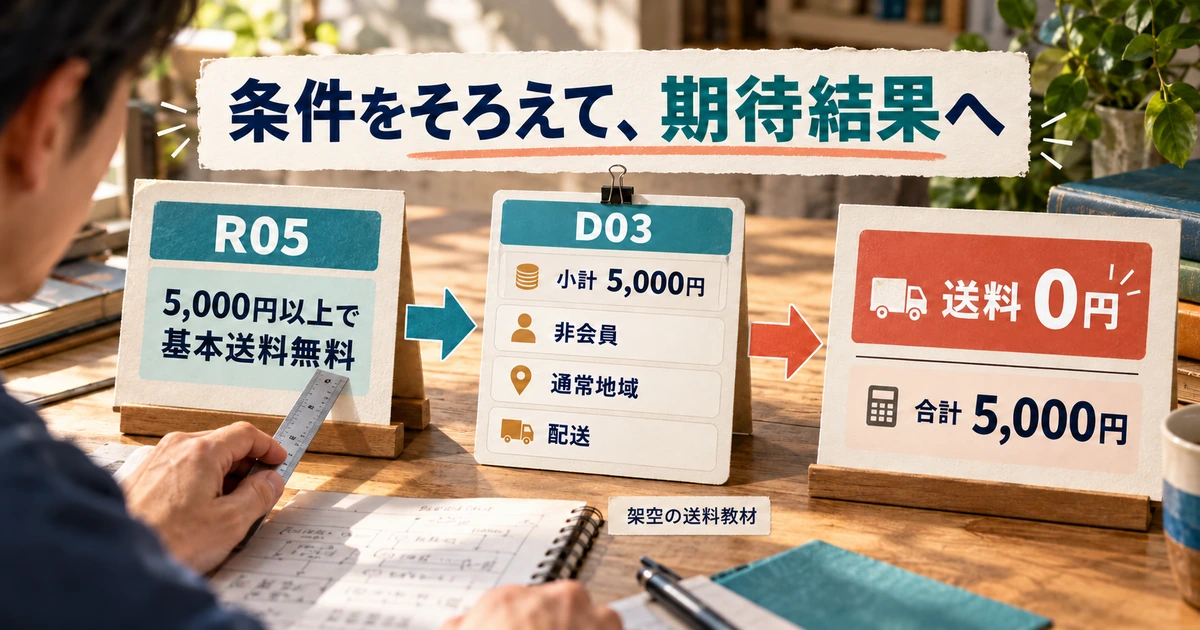 R05の5,000円以上という条件から、D03の小計5,000円・非会員・通常地域・配送と期待送料0円を対応させた図