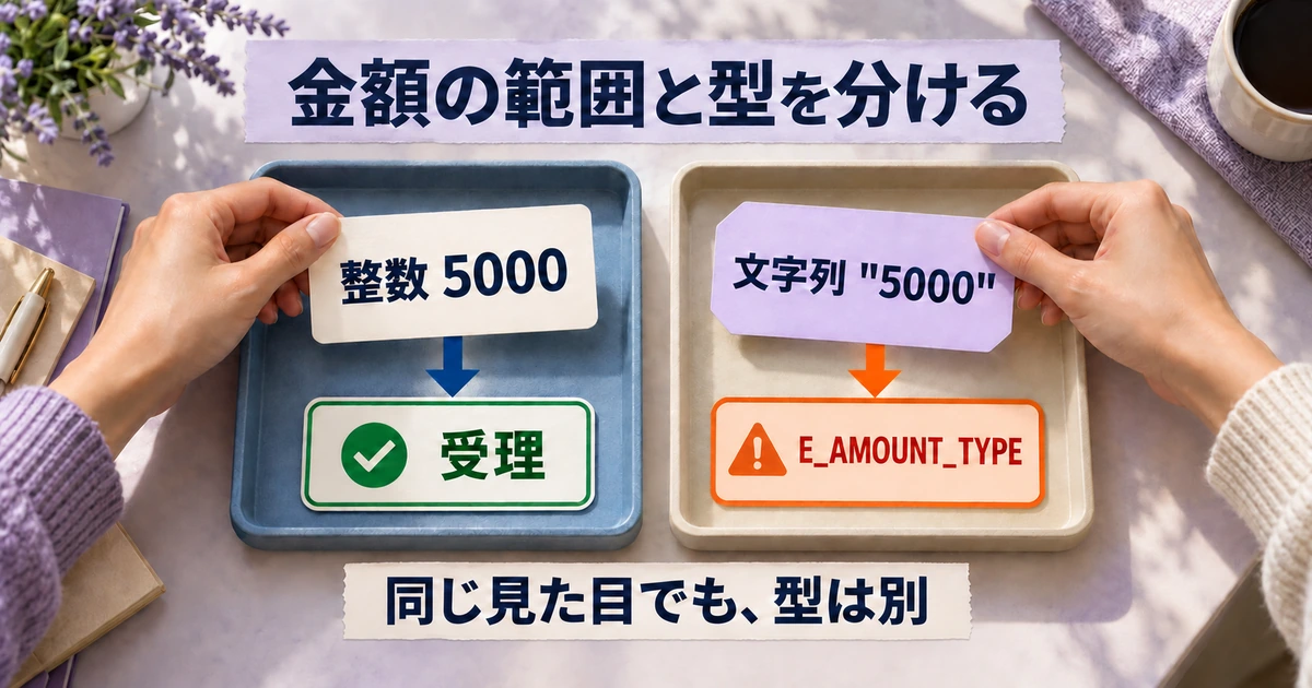 整数の5000と文字列の5000を別のトレーへ分け、金額の範囲と型を別々に確認する図