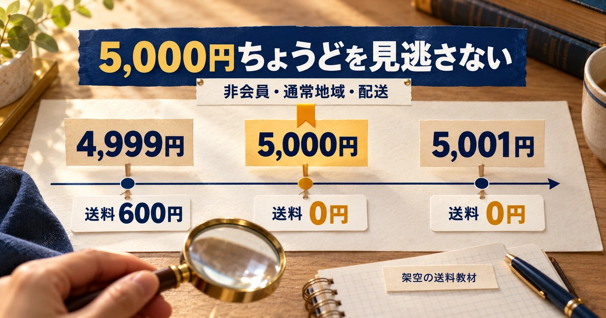 非会員・通常地域・配送で、小計4,999円の送料600円が5,000円と5,001円では0円になる境界の図