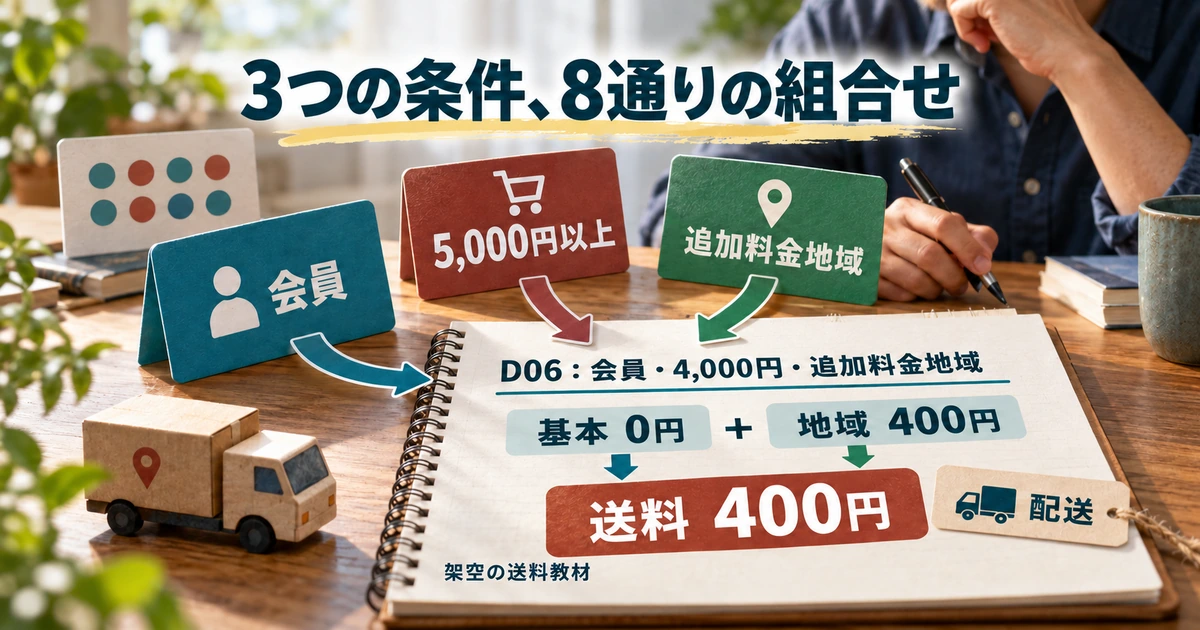 会員・5,000円以上・追加料金地域の3条件と、D06で基本送料0円に地域400円を加える例を示した図