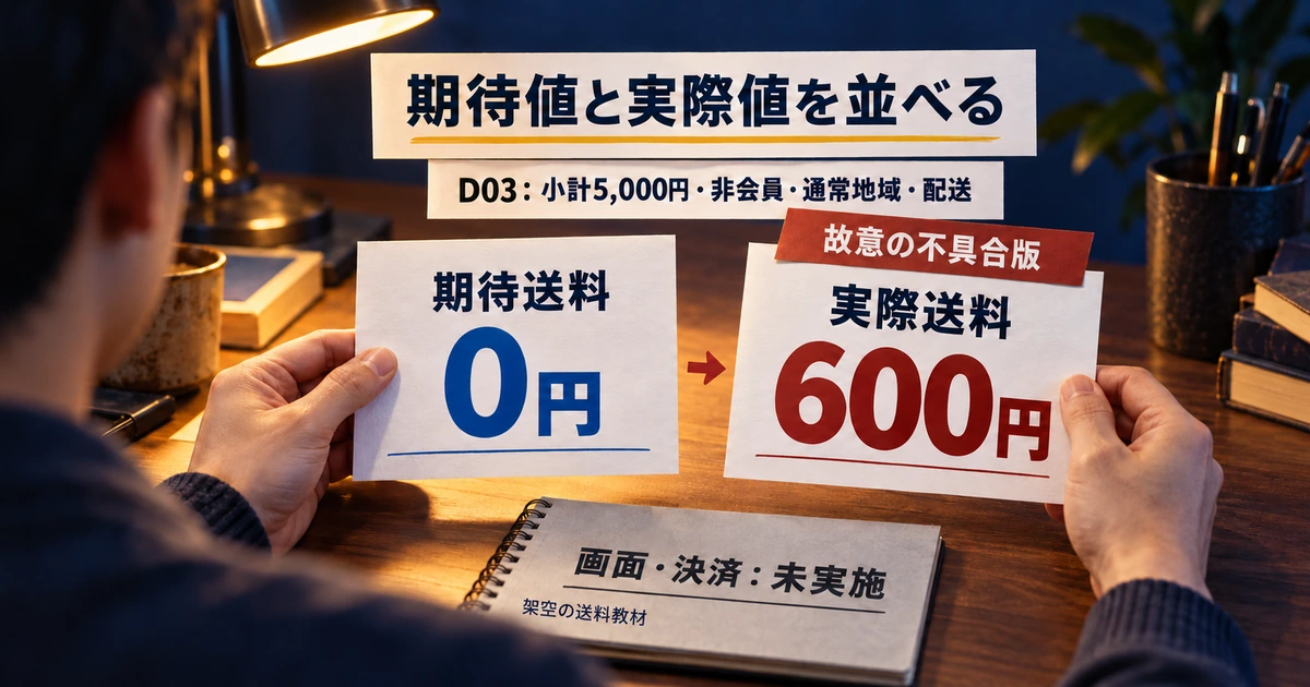 故意の不具合版のD03で、期待送料0円と実際送料600円を並べ、画面と決済は未実施と区別した記録図