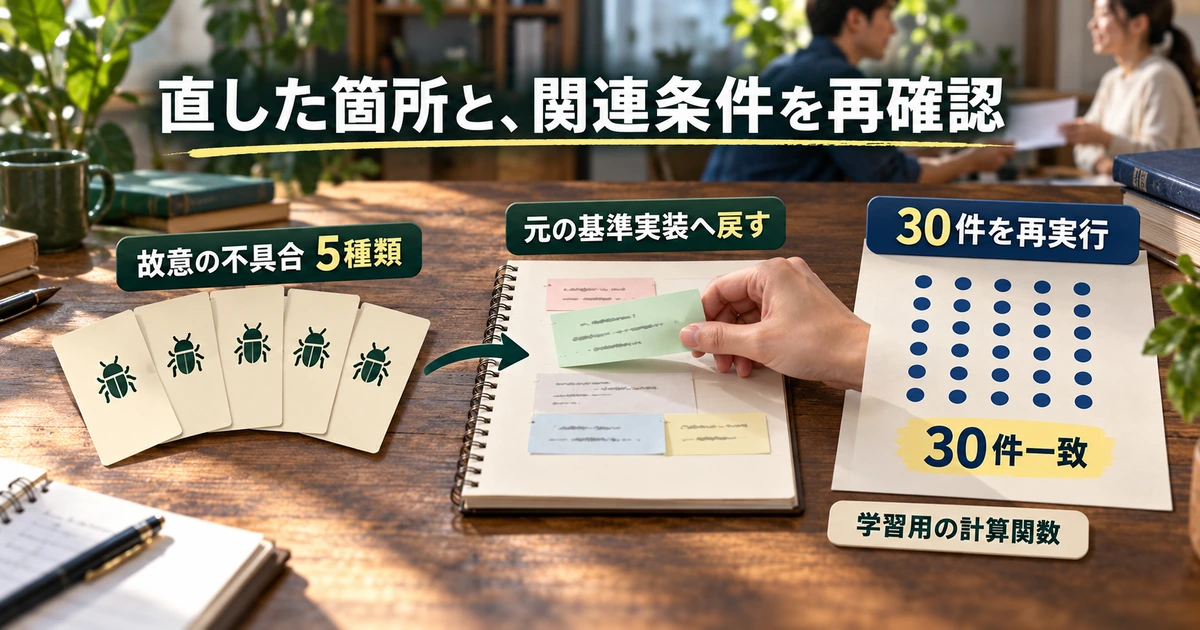 5種類の故意の不具合を外して元の基準実装へ戻し、学習用計算関数の30ケースを再実行する流れの図