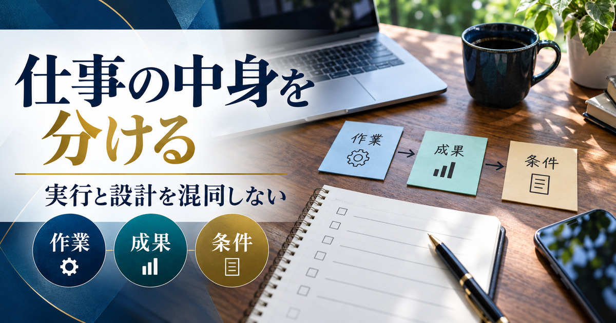 仕事の中身を分ける。実行と設計を混同しない。作業・成果・条件の確認ポイント。
