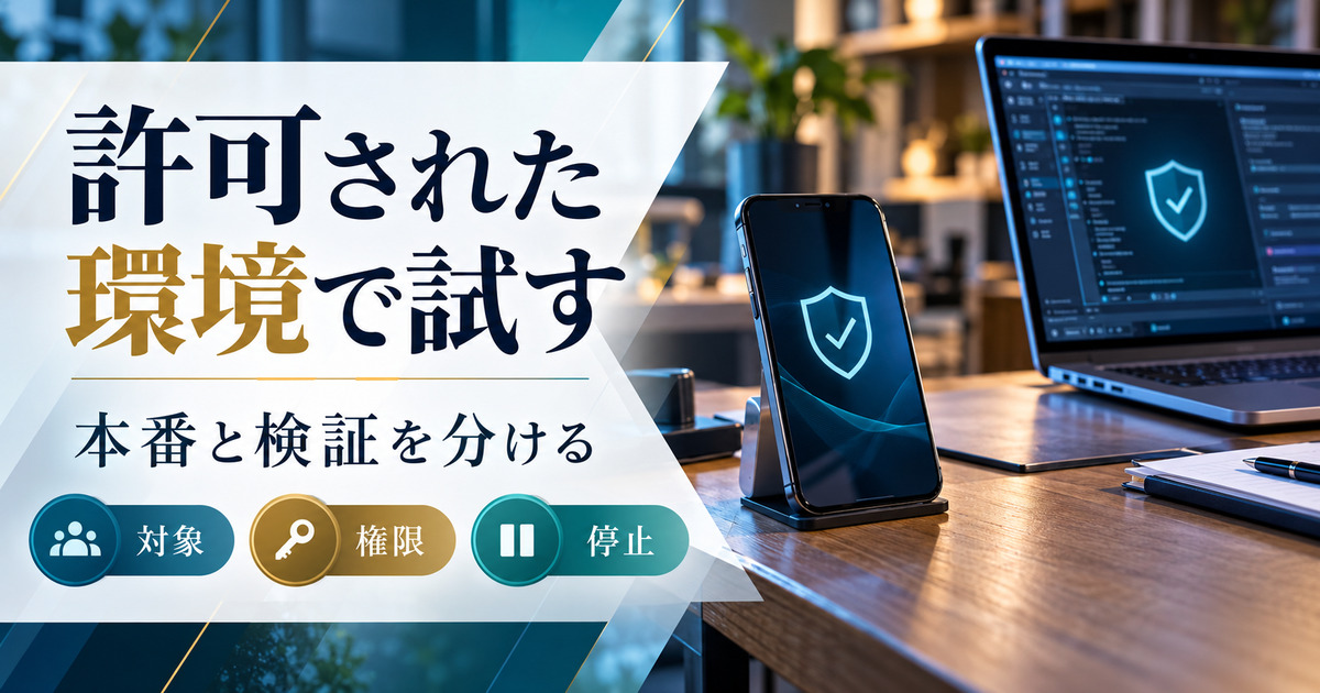 許可された環境で試す。本番と検証を分ける。対象・権限・停止の確認ポイント。