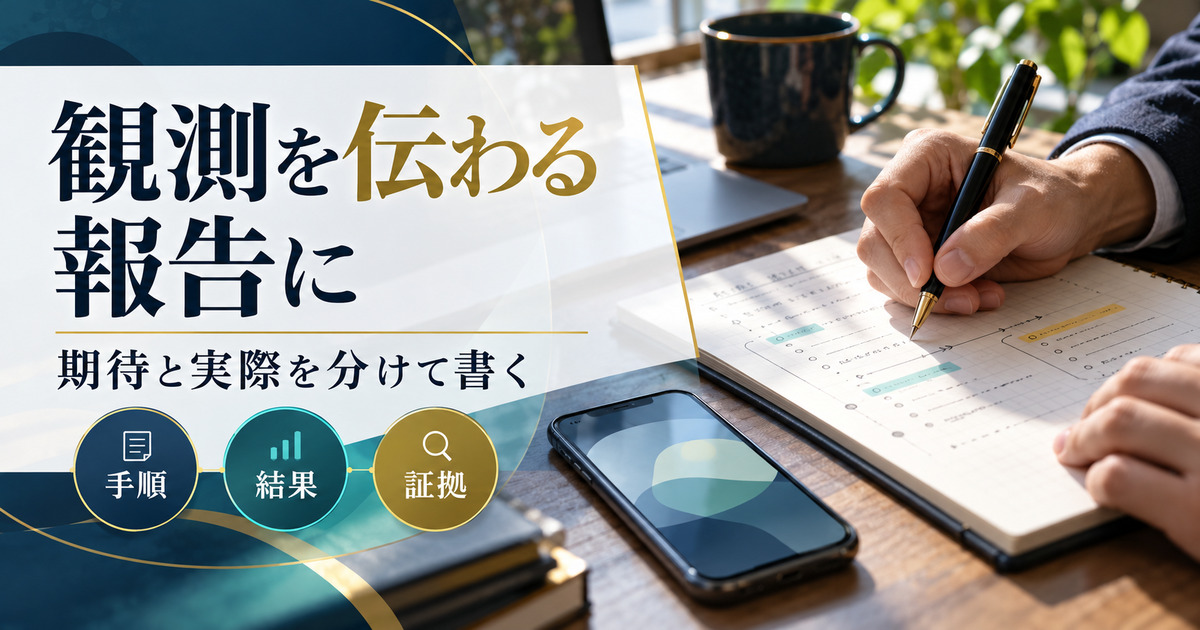観測を伝わる報告に。期待と実際を分けて書く。手順・結果・証拠の確認ポイント。