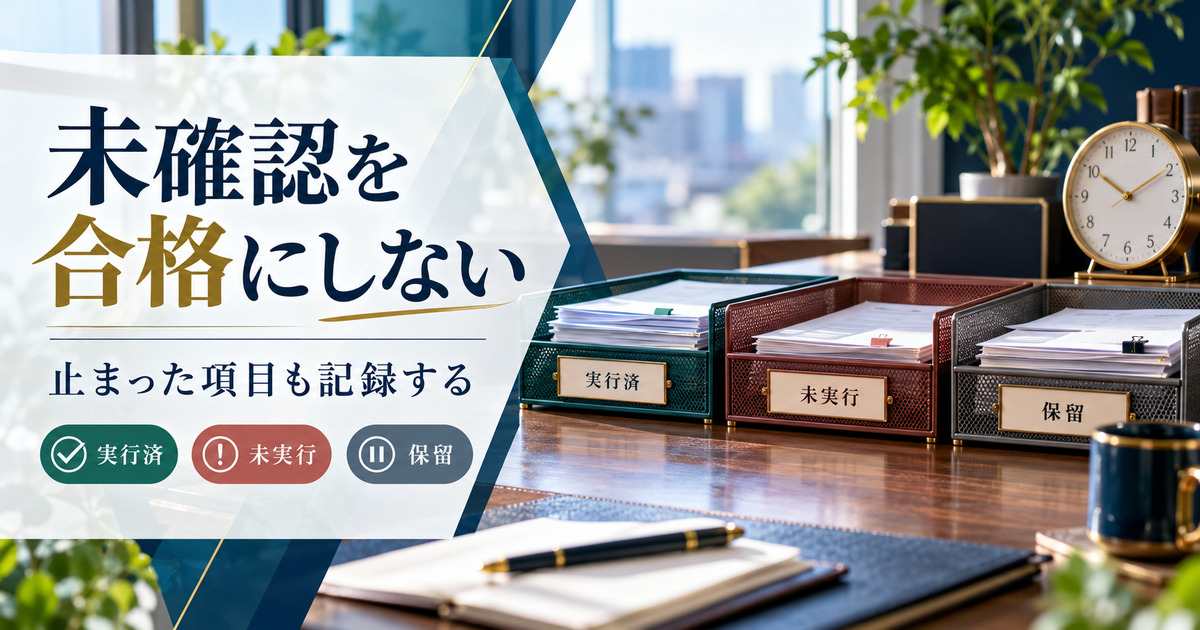 未確認を合格にしない。止まった項目も記録する。実行済・未実行・保留の確認ポイント。