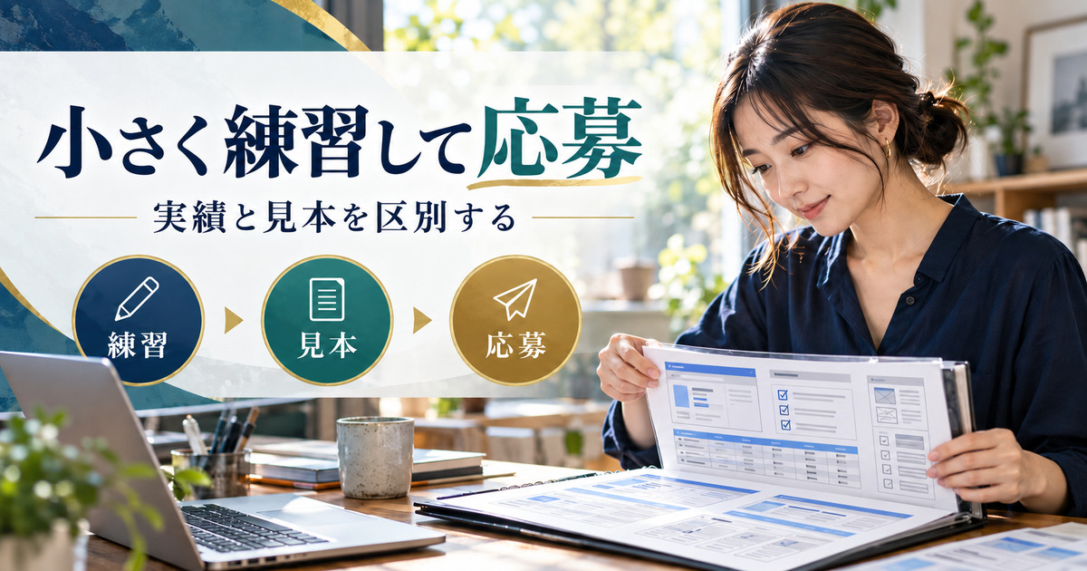 小さく練習して応募。実績と見本を区別する。練習・見本・応募の確認ポイント。
