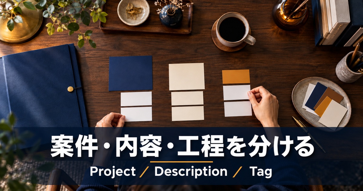 案件・内容・工程を分ける。Project / Description / Tag。案件と作業内容と工程を紙のカードで整理するイメージ