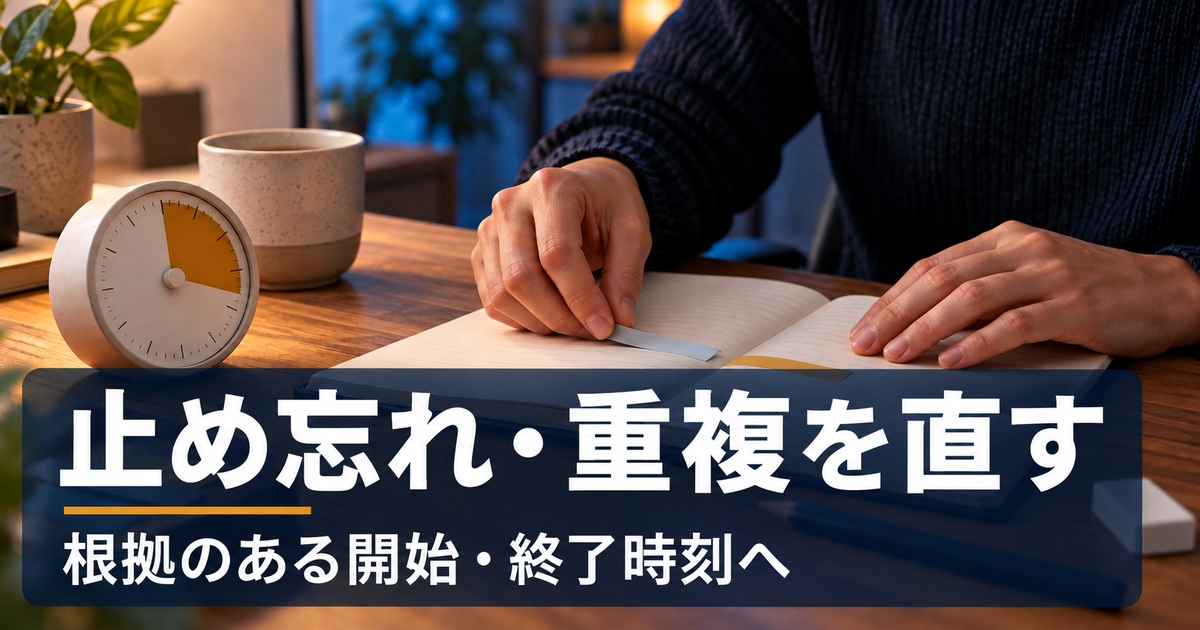 止め忘れ・重複を直す。根拠のある開始・終了時刻へ。長く記録した区間をノートで確かめ直すイメージ