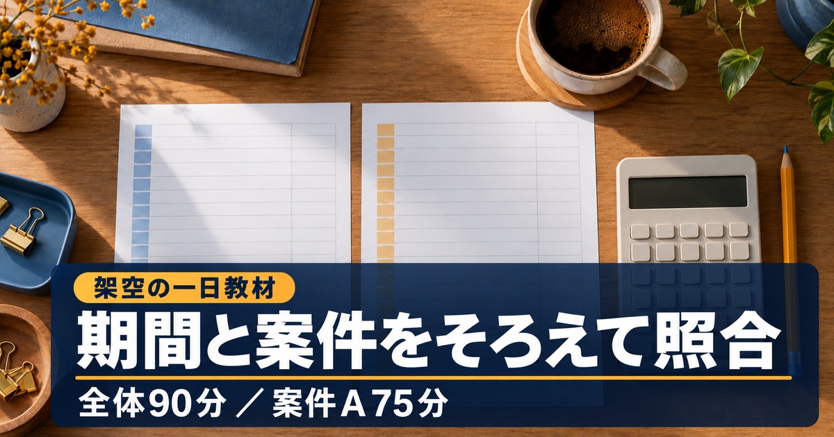期間と案件をそろえて照合。全体90分 / 案件A75分。架空の一日教材。作業明細を並べて対象と合計を照合するイメージ