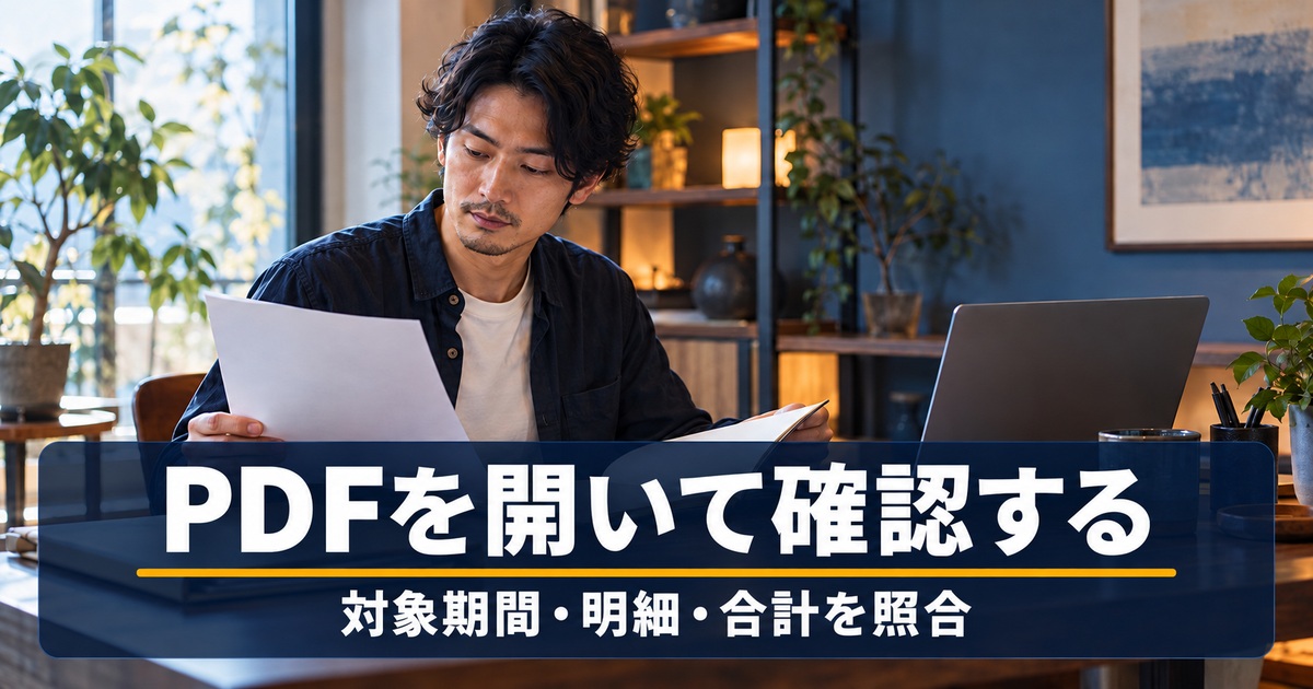 PDFを開いて確認する。対象期間・明細・合計を照合。保存した報告資料とノートを読み直す人のイメージ
