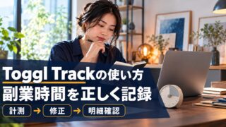 Toggl Trackの使い方。副業時間を正しく記録。計測 → 修正 → 明細確認。副業の作業時間をノートとタイマーで確認する人のイメージ