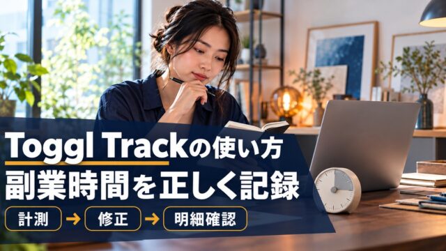 Toggl Trackの使い方。副業時間を正しく記録。計測 → 修正 → 明細確認。副業の作業時間をノートとタイマーで確認する人のイメージ