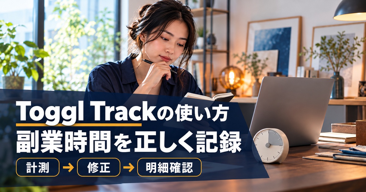 Toggl Trackの使い方。副業時間を正しく記録。計測 → 修正 → 明細確認。副業の作業時間をノートとタイマーで確認する人のイメージ