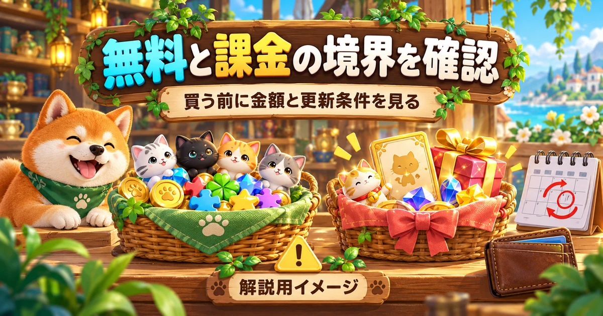 無料範囲と課金、購入金額と更新条件の確認を示す解説用イラスト
