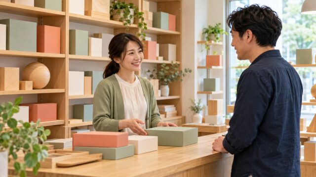 玩具店で店主と成人客が商品選びについて話す様子