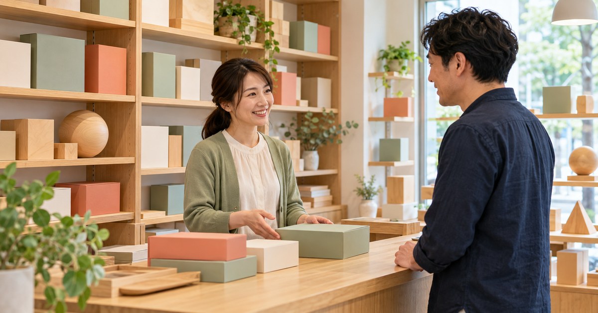 玩具店で店主と成人客が商品選びについて話す様子