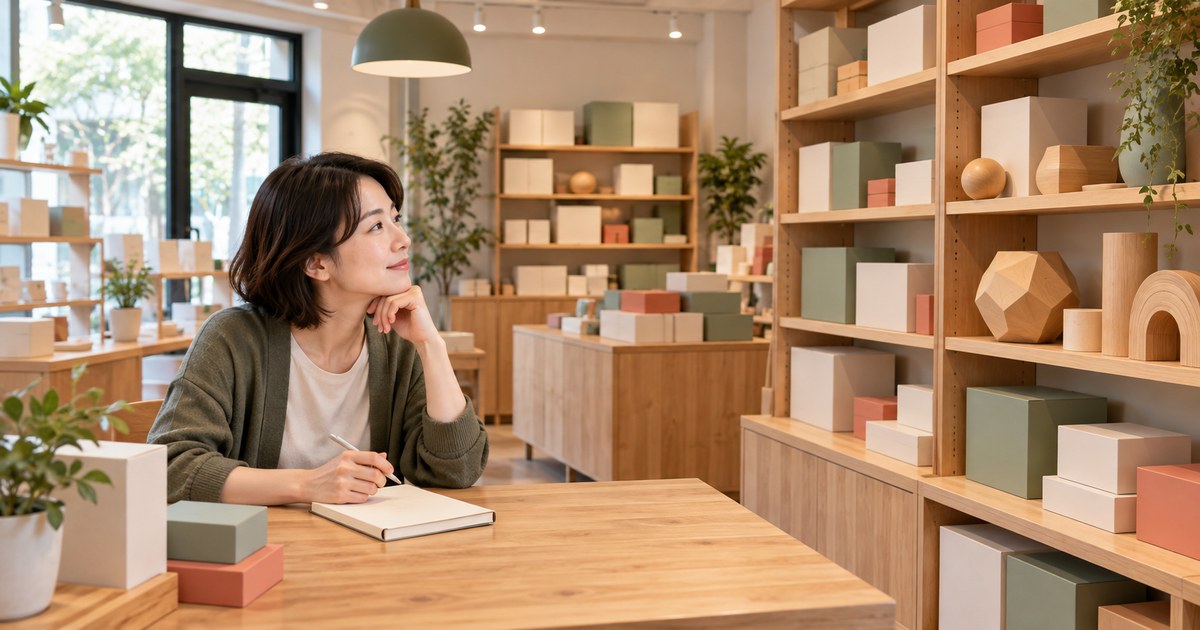 店主が扱う玩具と相談の範囲を考える様子