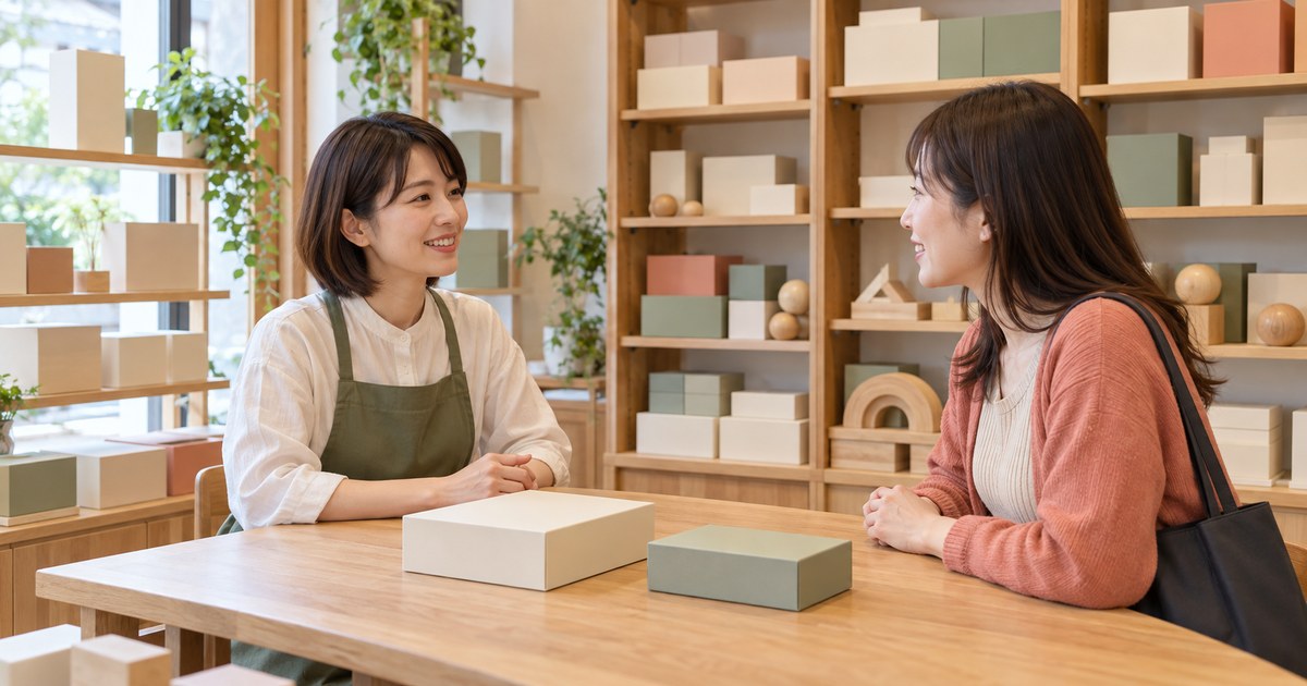 店主と成人客が箱入り商品の内容について相談する様子