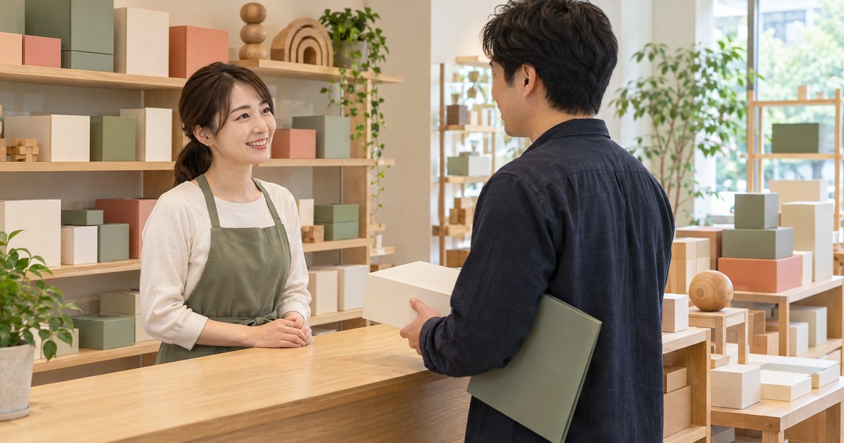 購入後の相談を店主が成人客から聞く様子