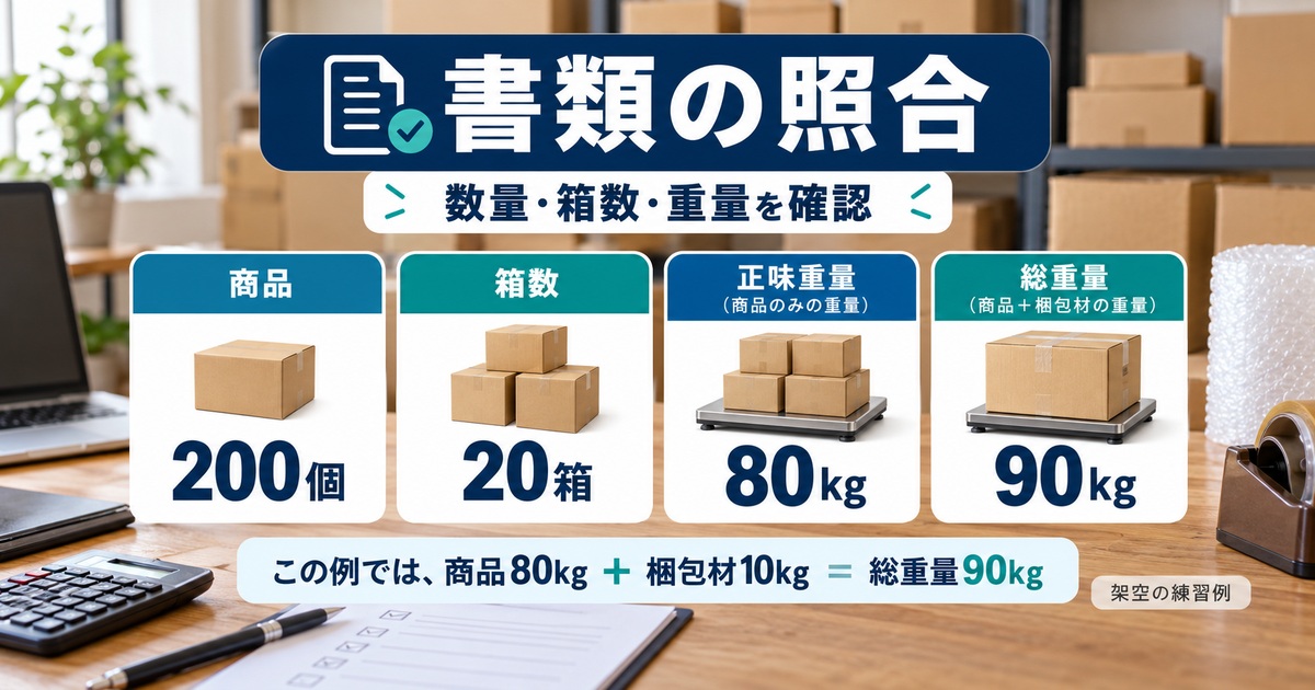 架空案件の200個・20箱・正味80kgと総重量90kgを区別した照合図