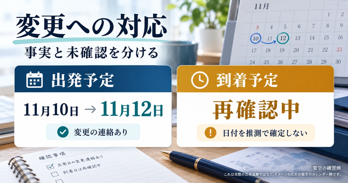 架空案件の出発予定変更と到着日再確認中を分けた連絡メモ