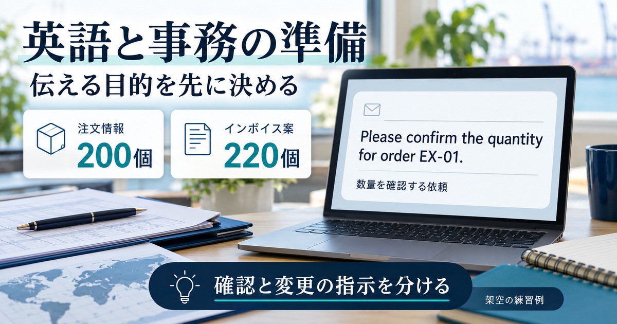 注文200個とインボイス案220個の差異を英語で確認する練習図