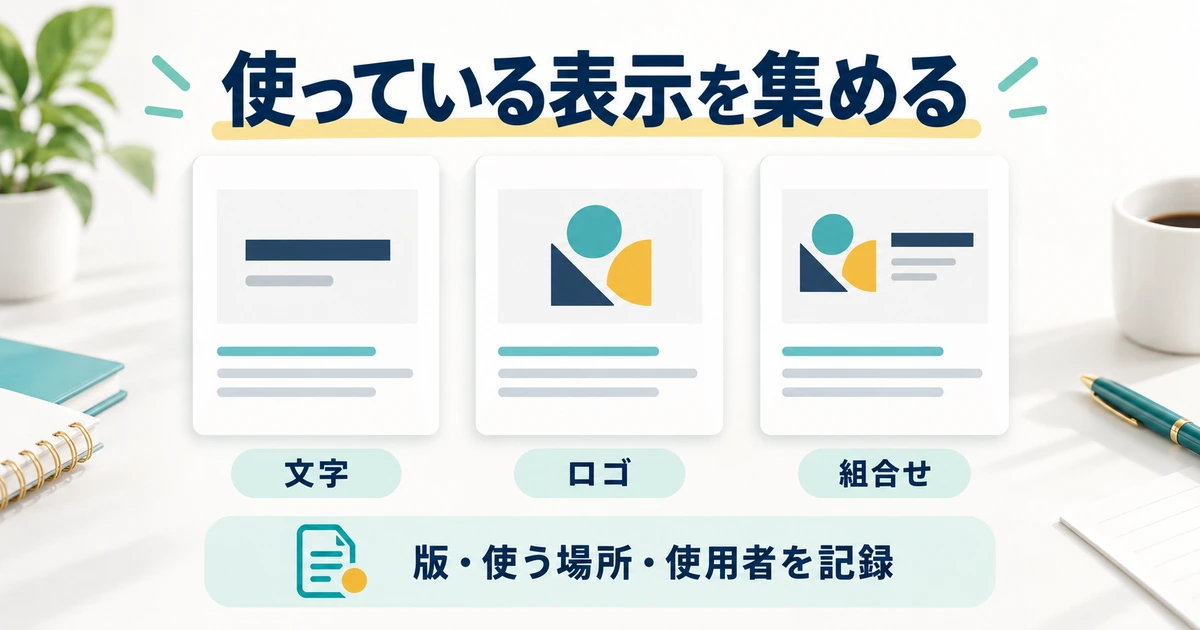 文字、ロゴ、組合せを分け、表示の版、使う場所、使用者を記録する