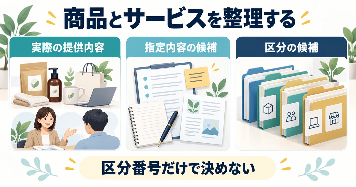実際の提供内容、指定内容の候補、区分の候補を分けて整理する