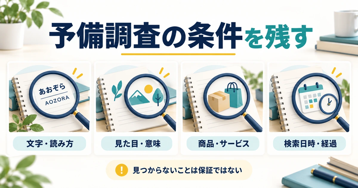 文字や読み方、見た目や意味、商品役務、検索日時と経過を予備調査の記録に残す
