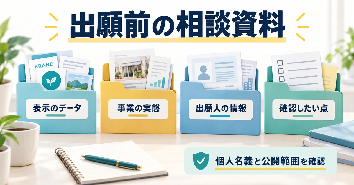 表示データ、事業の実態、出願人情報、確認点をそろえて個人名義と公開範囲を相談する
