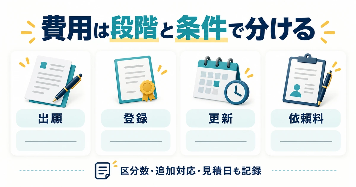 出願、登録、更新、依頼料を分け、区分数や追加対応と見積日を確認する