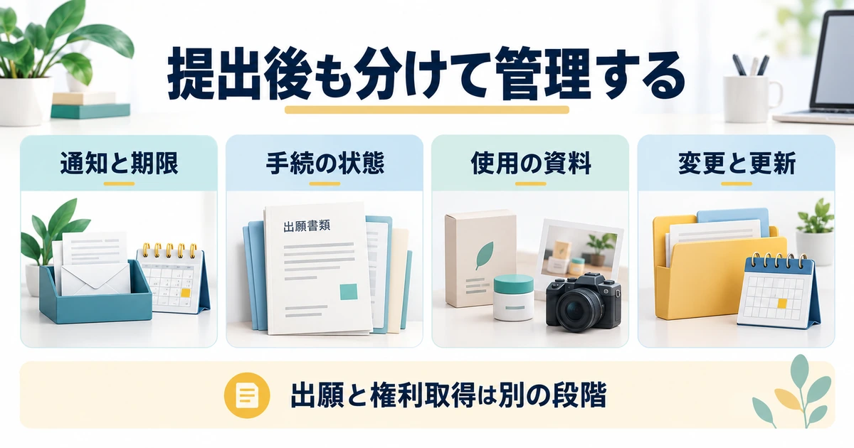 提出後は通知と期限、手続状態、使用資料、変更と更新を分けて管理する