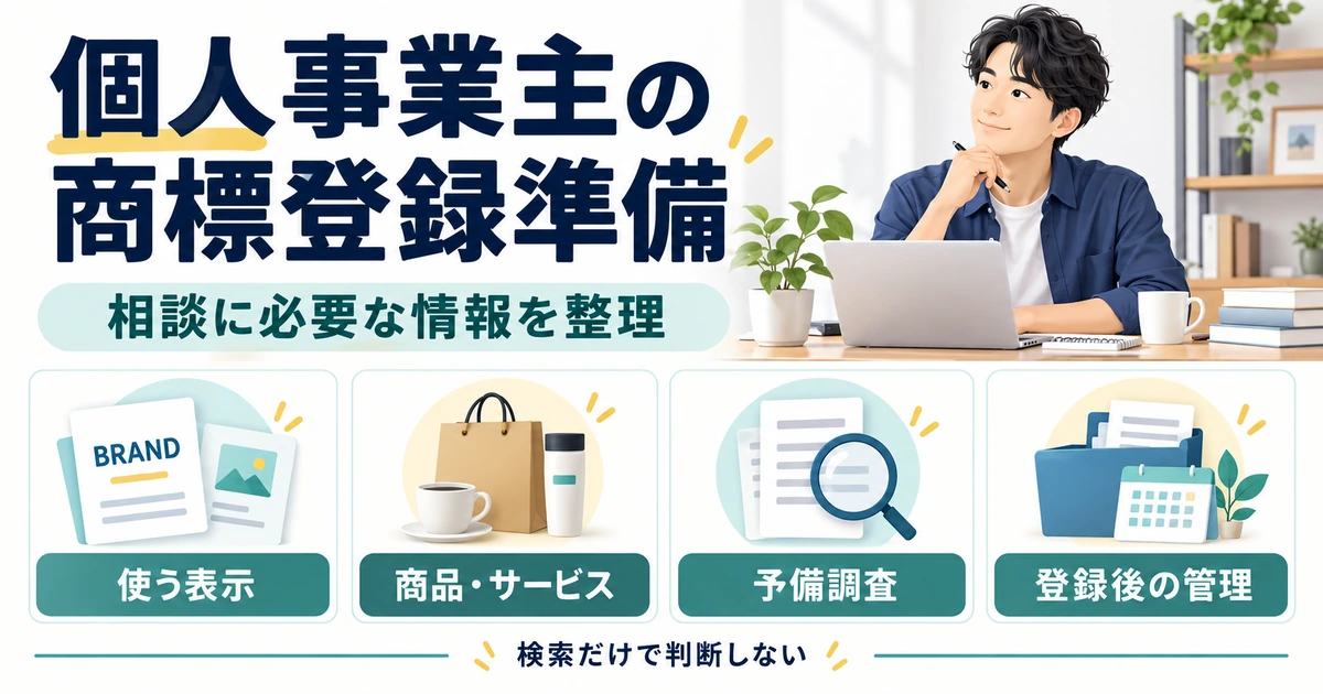 個人事業主の商標登録に向け、表示、商品やサービス、予備調査、登録後の管理を整理する