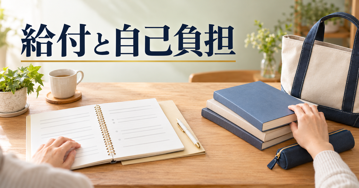 給付の予定と教材などの自己負担を分けて整理する机