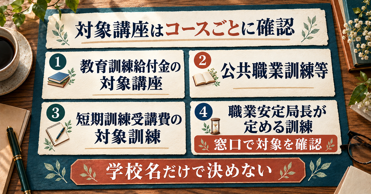 給付制限解除の対象訓練の4区分。学校名だけで判断せず、職業安定局長が定める訓練は窓口で対象を確認