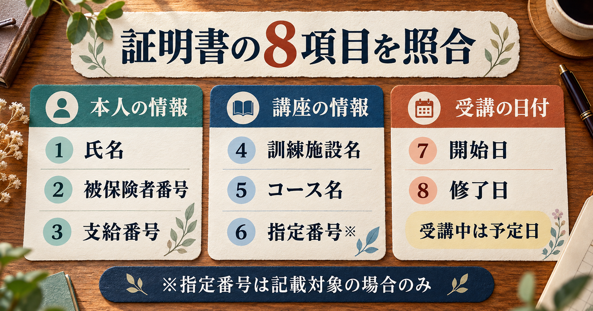 証明書の8項目を本人情報・講座情報・受講日付に分け、修了予定日と指定番号の記載条件を確認する図