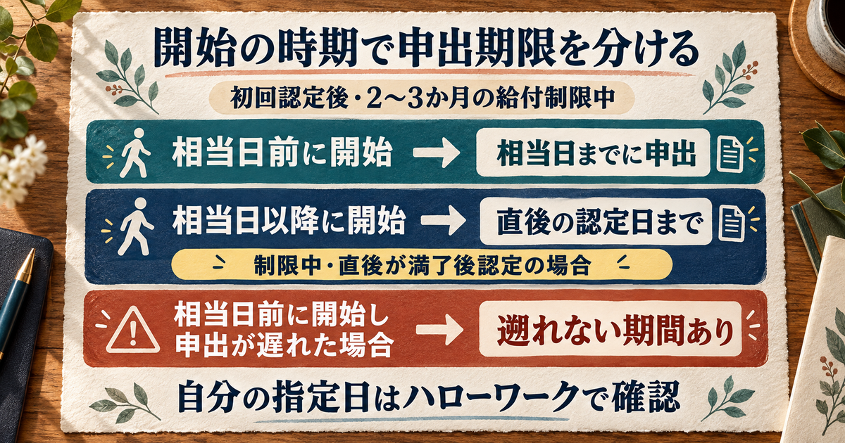 初回認定後の2・3か月制限中の申出期限。相当日前開始、相当日以降開始で直後が満了後認定の場合、相当日前開始の申出遅延を区別