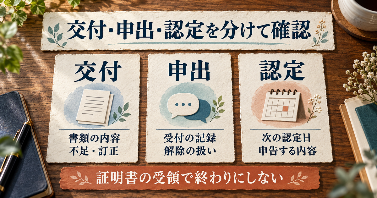 書類交付の内容と不足、解除申出の受付と扱い、次の認定日と申告内容を別々に確認する図