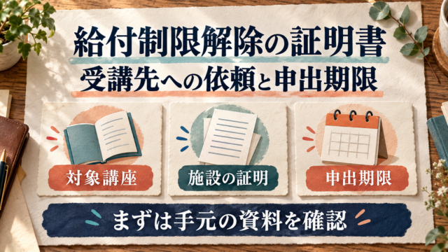 給付制限解除の準備で、対象講座・施設の証明・申出期限と手元の資料を確認する図
